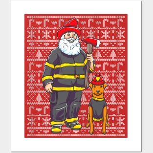 Firefighter Santa Claus Firemen Ugly Christmas Sweater Pattern Posters and Art